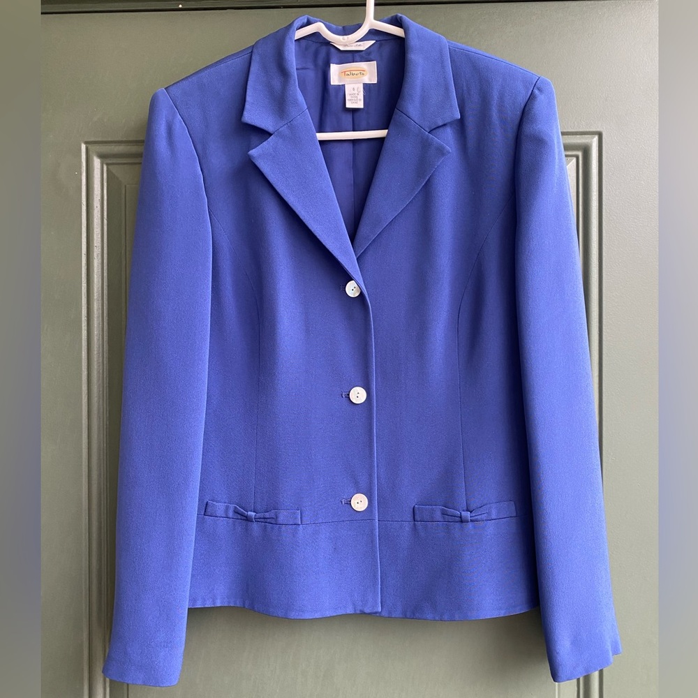 Talbots 100% Silk Blue Button Up Blazer Bow Tie Pockets Size 6